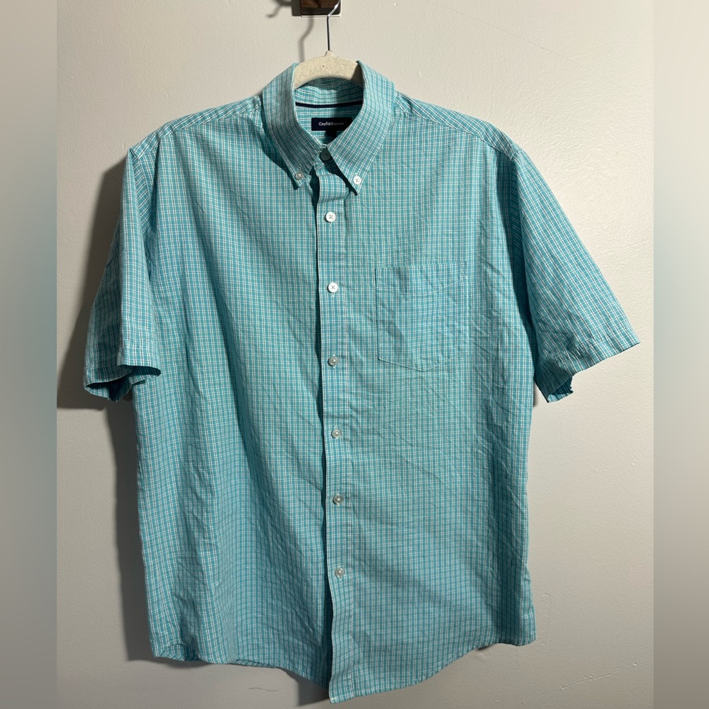 Croft & Barrow Men’s M Cotton Blend Blue White Plaid Short Sleeve Button Up